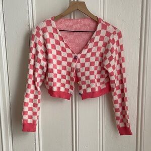 Pink and White Checkered Women's Sweater